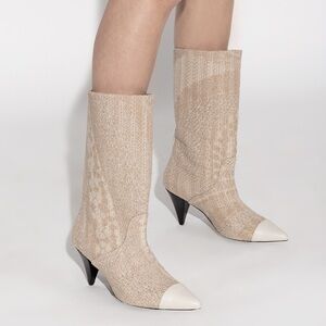 IRO Beige Knit Mid-Calf Heeled Boots with Cream Toe Cap